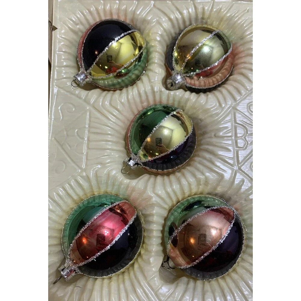 Vintage 5 Romania Glass Ornaments 1970s Hand Decorated Christmas Original Box